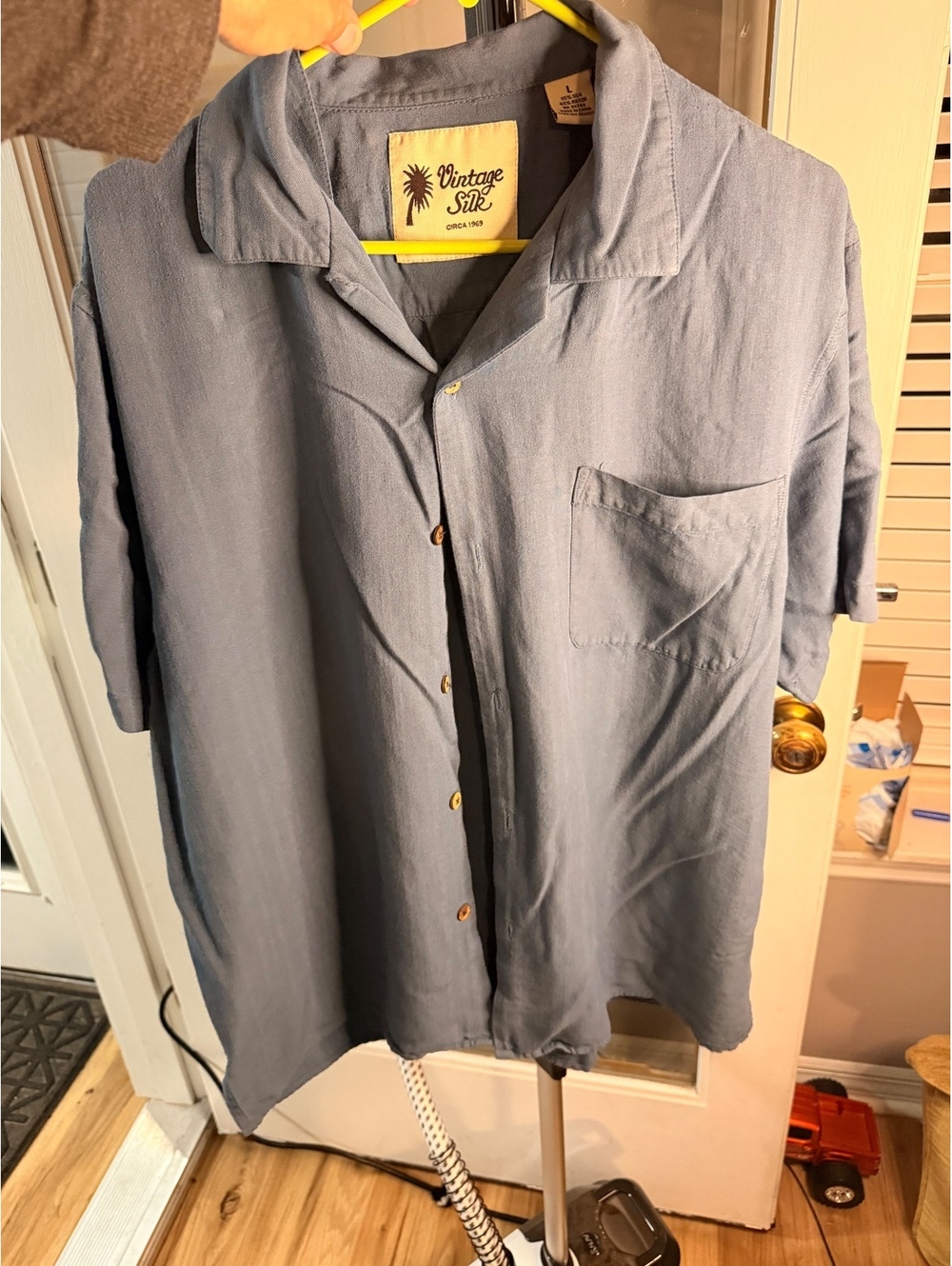 Vintage Silk light blue short sleeve button front shirt